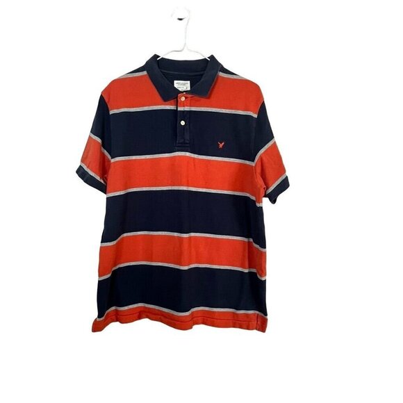 Y2K Striped American Eagle Shirt L Orange Rugby Polo Preppy Grunge Old Money 80s - Picture 1 of 13
